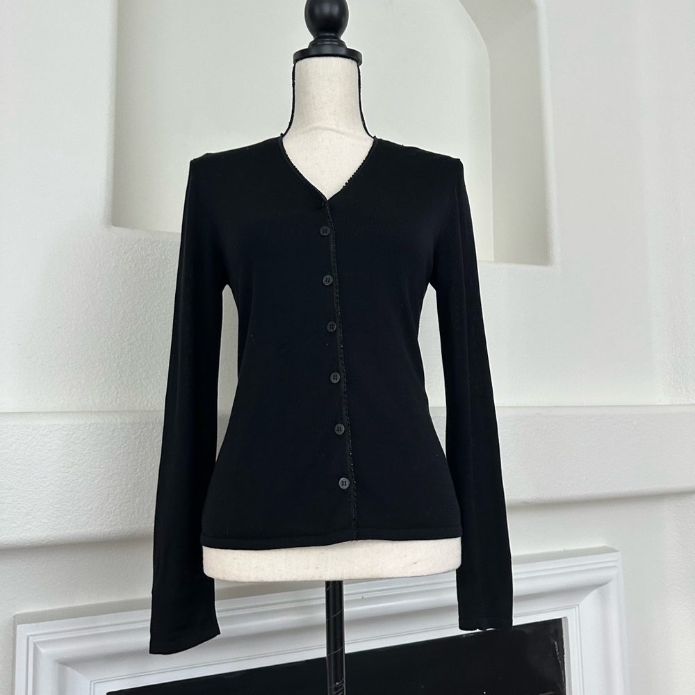 DKNY Petite 100% Silk Black Button Up Cardigan with Lining Size P/S
